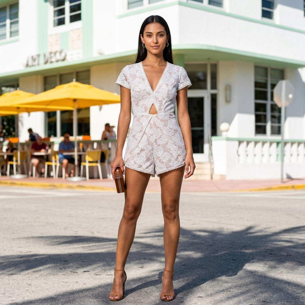 Rumor Boutique Floral Lace Romper with Open Back and Pom-Pom Trim